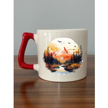 Doğa Teması Baskılı Kırmızı Kulplu Kupa Bardak - Seramik Çay, Kahve Hediyelik Bardağı