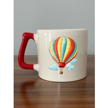 Balon Baskılı Kırmızı Kulplu Kupa Bardak - Seramik Çay, Kahve Hediyelik Bardağı