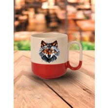 Modern Kurt Baskılı Kırmızı Tabanlı Kupa Bardak - Seramik Çay, Kahve Hediyelik Bardağı