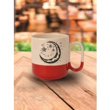 Sarı Ay Temalı Kırmızı Tabanlı Kupa Bardak - Seramik Çay, Kahve Hediyelik Bardağı