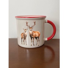 Geyik Temalı Kırmızı Ağızlı Kupa Bardak - Seramik Çay, Kahve Hediyelik Bardağı