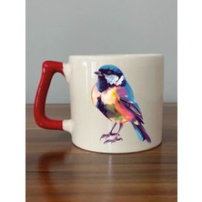 Modern Kuş Temalı Kırmızı Kulplu Kupa Bardak - Seramik Çay, Kahve Hediyelik Bardağı