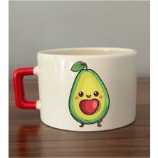 Avokado Görselli Kırmızı Kulplu Fincan Seramik Kupa - Seramik Çay, Kahve Hediyelik Bardağı