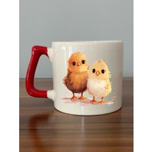 Civciv Baskılı Kırmızı Kulplu Kupa Bardak - Seramik Çay, Kahve Hediyelik Bardağı