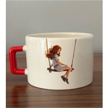 Salıncakta Kız Baskılı Kırmızı Kulplu Fincan Seramik Kupa - Seramik Çay, Kahve Hediyelik Bardağı