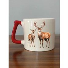 Geyik Temalı Kırmızı Kulplu Kupa Bardak - Seramik Çay, Kahve Hediyelik Bardağı