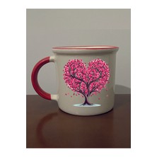 Ağaç Dalları Kalpli Kırmızı Ağızlı Kupa Bardak - Seramik Çay, Kahve Hediyelik Bardağı