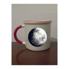 Dolunay Baskılı Kırmızı Ağızlı Kupa Bardak - Seramik Çay, Kahve Hediyelik Bardağı