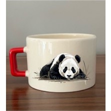 Panda Görselli Kırmızı Kulplu Fincan Seramik Kupa - Seramik Çay, Kahve Hediyelik Bardağı
