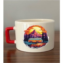 Karavan Baskılı Kırmızı Kulplu Fincan Seramik Kupa - Seramik Çay, Kahve Hediyelik Bardağı