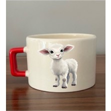 Koyun Görselli Kırmızı Kuplu Fincan Seramik Kupa - Seramik Çay, Kahve Hediyelik Bardağı