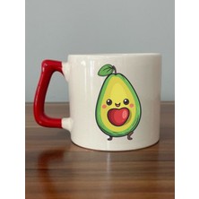 Avokado Temalı Kırmızı Kulplu Kupa Bardak - Seramik Çay, Kahve Hediyelik Bardağı