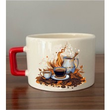 Kahve Çekirdeği Baskılı Kırmızı Kulplu Fincan Seramik Kupa - Seramik Çay, Kahve Hediyelik Bardağı