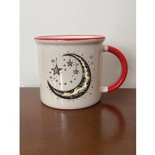 Sarı Ay Temalı Kırmızı Ağızlı Kupa Bardak - Seramik Çay, Kahve Hediyelik Bardağı