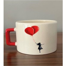 Balonlu Kız Temalı Kırmızı Kulplu Fincan Kupa Bardak - Seramik Çay, Kahve Hediyelik Bardağı