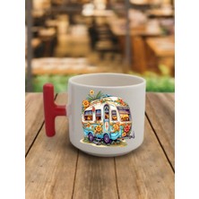 Çiçekli Karavan Baskılı Kırmızı Kulplu Kahve Bardağı Seramik Kupa