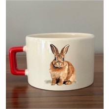 Tavşan Görselli Kırmızı Kulplu Fincan Seramik Kupa - Seramik Çay, Kahve Hediyelik Bardağı