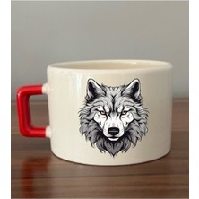 Kurt Baskılı Kırmızı Kulplu Kupa Bardak Seramik Kupa - Seramik Çay, Kahve Hediyelik Bardağı