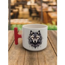 Siyah Kurt Baskılı Kırmızı Kulplu Kahve Bardağı Seramik Kupa - Seramik Çay, Kahve Hediyelik Bardağı