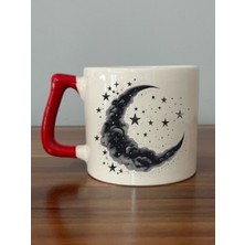 Yıldız ve Ay Baskılı Kırmızı Kulplu Kupa Bardak - Seramik Çay, Kahve Hediyelik Bardağı