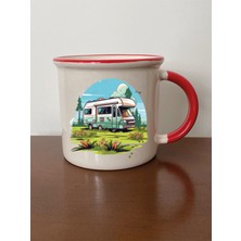 Karavan ve Tatil Temalı Kırmızı Ağızlı Kupa Bardak - Seramik Çay, Kahve Hediyelik Bardağı