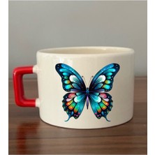 Kelebek Görselli Kırmızı Kulplu Fincan Seramik Kupa - Seramik Çay, Kahve Hediyelik Bardağı