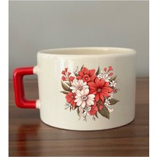 Çiçekli Baskılı Kırmızı Kulplu Fincan Seramik Kupa - Seramik Çay, Kahve Hediyelik Bardağı