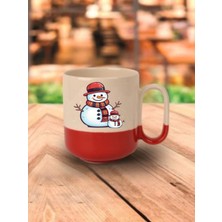 Kardan Adam Baskılı Kırmızı Tabanlı Kupa Bardak - Seramik Çay, Kahve Hediyelik Bardağı