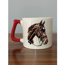 At Kafası Temalı Kırmızı Kulplu Kupa Bardak - Seramik Çay, Kahve Hediyelik Bardağı