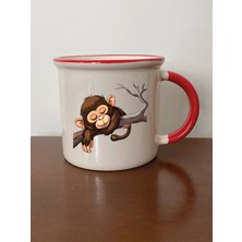 Daldaki Maymun Temalı Kırmızı Ağızlı Kupa Bardak - Seramik Çay, Kahve Hediyelik Bardağı