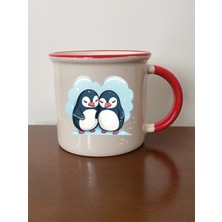 Sevimli Penguen Temalı Kırmızı Ağızlı Kupa Bardak - Seramik Çay, Kahve Hediyelik Bardağı