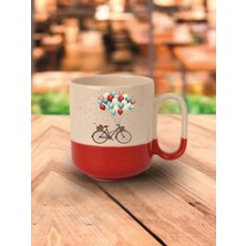 Balonlu Bisiklet Temalı Kırmızı Tabanlı Kupa Bardak - Seramik Çay, Kahve Hediyelik Bardağı