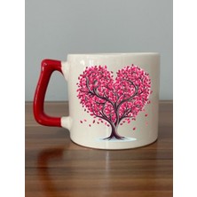 Kalpli ve Ağaçlı Kırmızı Kulplu Kupa Bardak - Seramik Çay, Kahve Hediyelik Bardağı