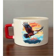 Kartal Baskılı Kırmızı Kulplu Fincan Seramik Kupa - Seramik Çay, Kahve Hediyelik Bardağı