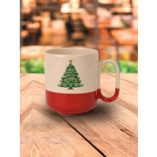 Yılbaşı Ağacı Baskılı Yeni Yıl Hediyelik Kırmızı Tabanlı Kupa - Seramik Çay, Kahve Hediyelik Bardağı