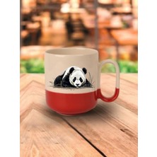 Panda Görselli Kırmızı Tabanlı Kupa Bardak - Seramik Çay, Kahve Hediyelik Bardağı