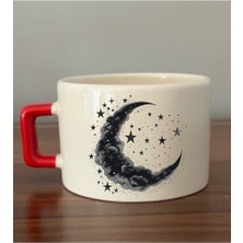Yıldız ve Ay Baskılı Kırmızı Kulplu Fincan Seramik Kupa - Seramik Çay, Kahve Hediyelik Bardağı