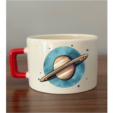 Satürn Baskılı Kırmızı Kulplu Fincan Seramik Kupa - Seramik Çay, Kahve Hediyelik Bardağı