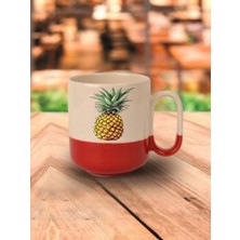 Ananas Baskılı Kırmızı Tabanlı Kupa Bardak - Seramik Çay, Kahve Hediyelik Bardağı
