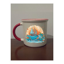 Denizde Sandal Baskılı Kırmızı Ağızlı Kupa Bardak - Seramik Çay, Kahve Hediyelik Bardağı