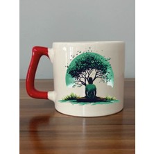 Ağaç Altında Insan Kırmızı Kulplu Kupa Bardak - Seramik Çay, Kahve Hediyelik Bardağı