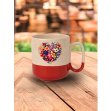 Kalpli ve Çiçekli Baskılı Kırmızı Tabanlı Kupa Bardak - Seramik Çay, Kahve Hediyelik Bardağı