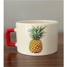 Ananas Baskılı Kırmızı Kulplu Fincan Seramik Kupa - Seramik Çay, Kahve Hediyelik Bardağı
