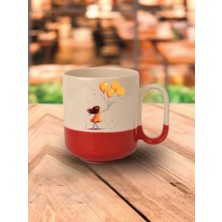 Balonlu Kız Temalı Kırmızı Tabanlı Kupa Bardak - Seramik Çay, Kahve Hediyelik Bardağı