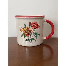 Gül Temalı Kırmızı Ağızlı Kupa Bardak - Seramik Çay, Kahve Hediyelik Bardağı