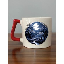 Gece Doğa Temalı Kırmızı Kulplu Kupa Bardak - Seramik Çay, Kahve Hediyelik Bardağı