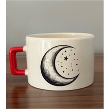 Ay ve Yıldız Baskılı Kırmızı Kulplu Fincan Seramik Kupa - Seramik Çay, Kahve Hediyelik Bardağı
