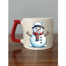 Sevimli Kardan Adam Temalı Kırmızı Kulplu Kupa Bardak - Seramik Çay, Kahve Hediyelik Bardağı