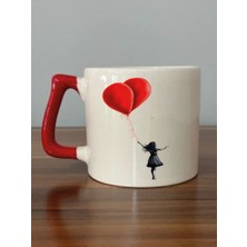 Balonlu Kız Temalı Kırmızı Kulplu Kupa Bardak - Seramik Çay, Kahve Hediyelik Bardağı