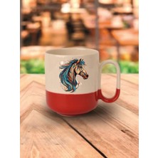 At Temalı Kırmızı Tabanlı Kupa Bardak - Seramik Çay, Kahve Hediyelik Bardağı